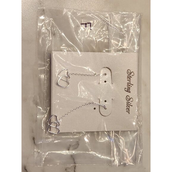 Sterling Silver Double Heart Threader Earrings With Chain Design - Picture 2 of 5